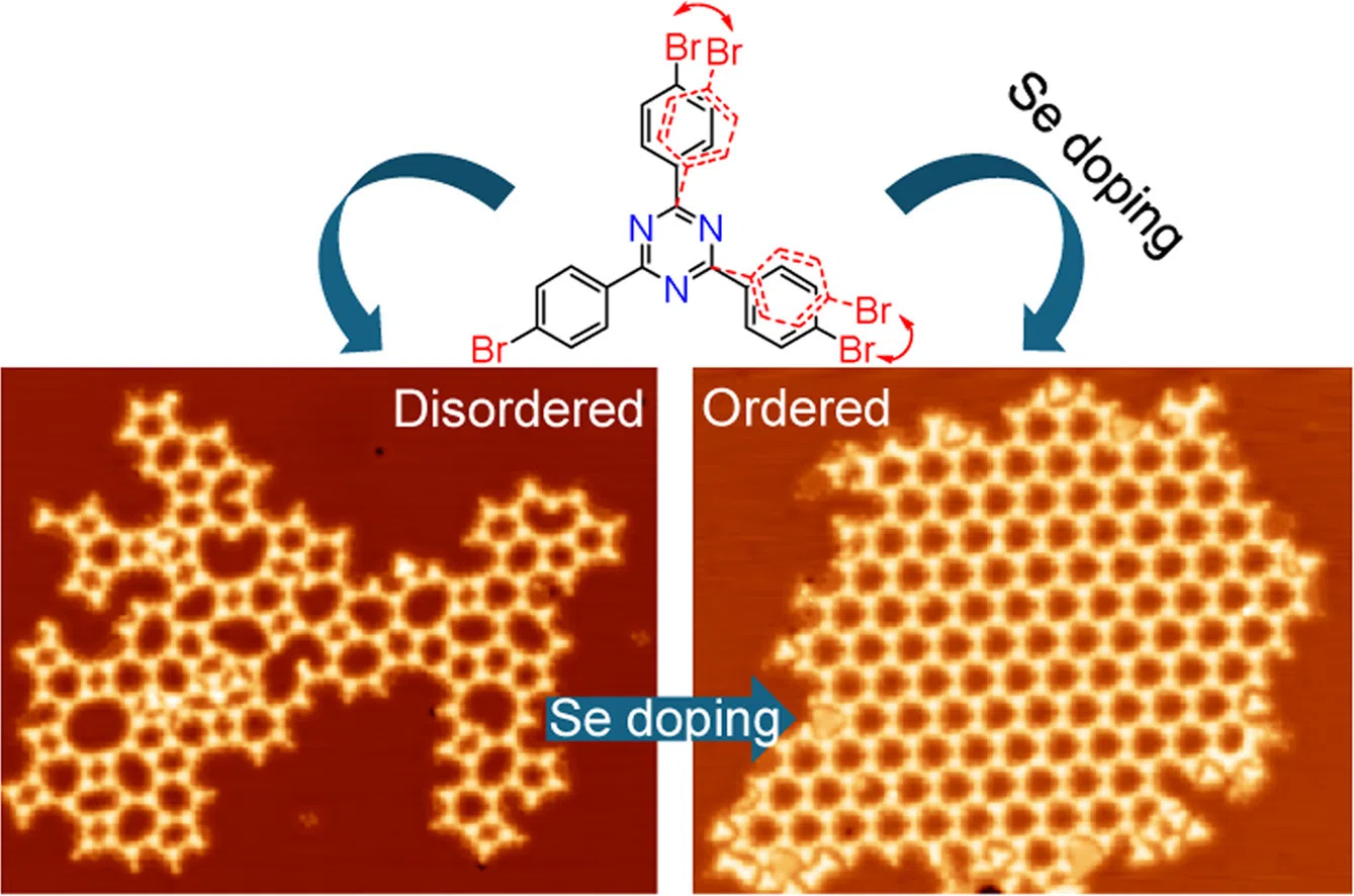 Disorder−order transition of two-dimensional molecular networks by selenium doping